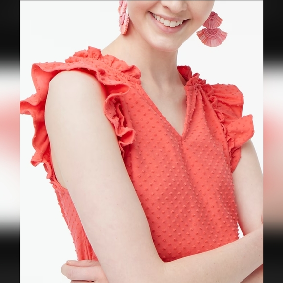 NWT J. Crew Women's Dark Coral Ruffle-Sleeve Clip-Dot Top - L - Picture 7 of 7